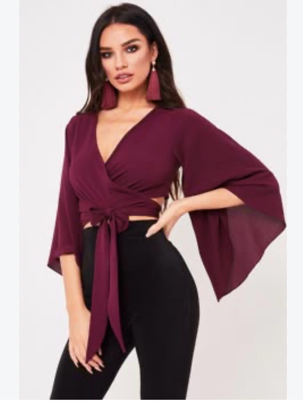 ♥️ Rag Therapy Wrap Viscose Front Bell Sleeve Top - Burgundy